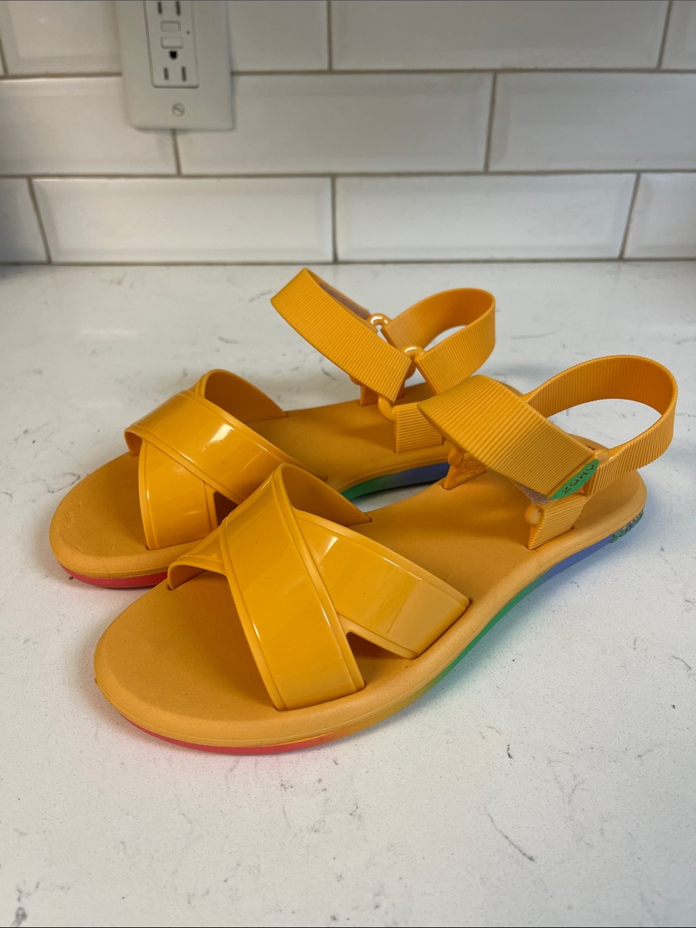 Zaxy Yellow Rubber & Rainbow Sole Sandals Size 5